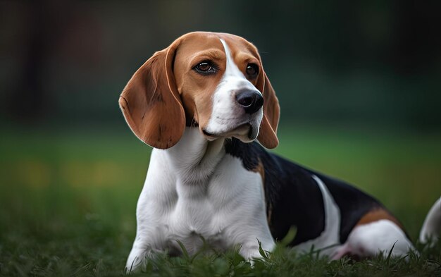 Le Beagle est assis sur l'herbe dans le parc.