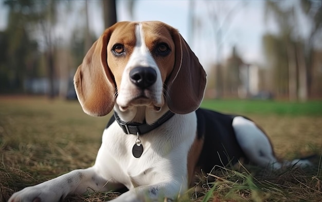 Le Beagle est assis sur l'herbe dans le parc.