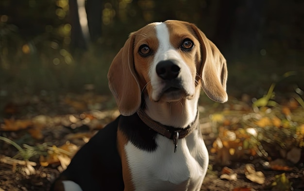 Le Beagle est assis sur l'herbe dans le parc.