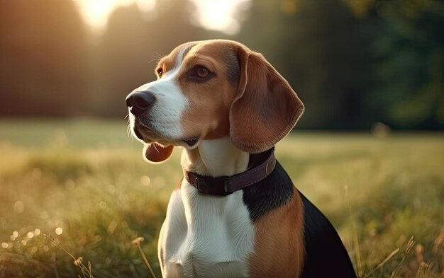 Le Beagle est assis sur l'herbe dans le parc.