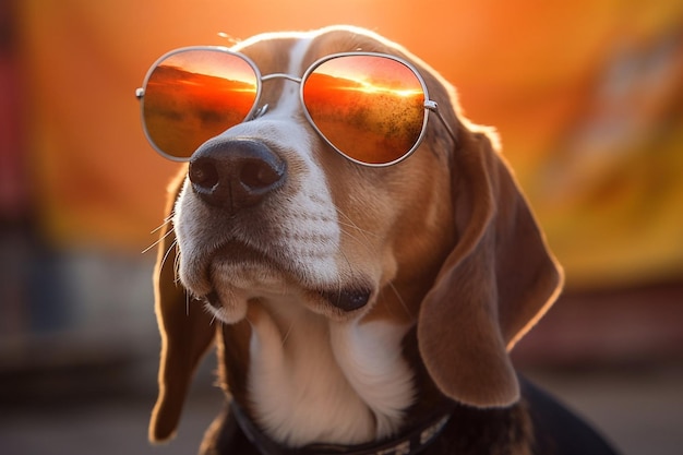 Un beagle portant des lunettes de soleil et un coucher de soleil en arrière-plan