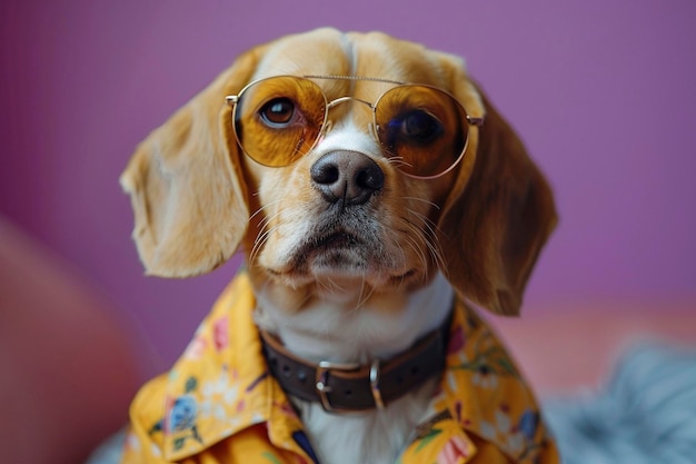 Beagle portant des vêtements et des lunettes de soleil sur un fond violet