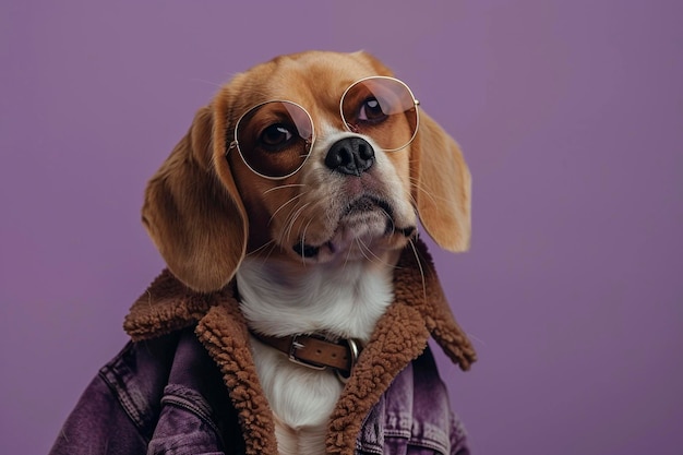 Beagle portant des vêtements et des lunettes de soleil sur un fond violet