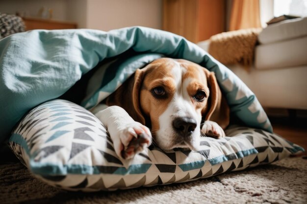 Beagle rêvant heureusement à l'intérieur d'un fort d'oreillers fait de coussins de canapé et de couvertures sur le sol