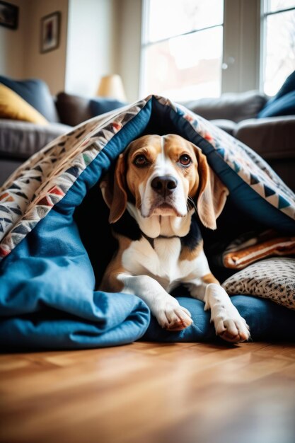 Beagle rêvant heureusement à l'intérieur d'un fort d'oreillers fait de coussins de canapé et de couvertures sur le sol