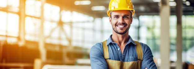 Beatiful confiance homme ouvrier du bâtiment en uniforme et casque de sécurité souriant Jour du Travail