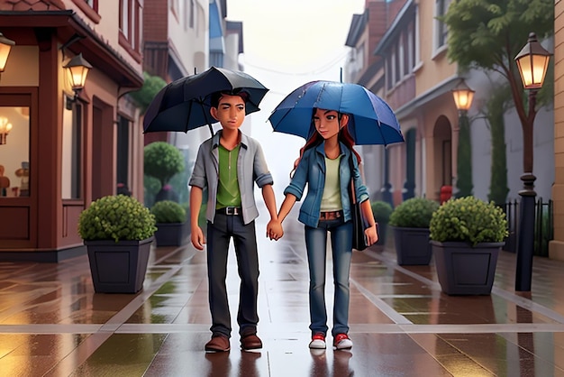 Beatiful homme animé et fille scène romantique jour de pluie