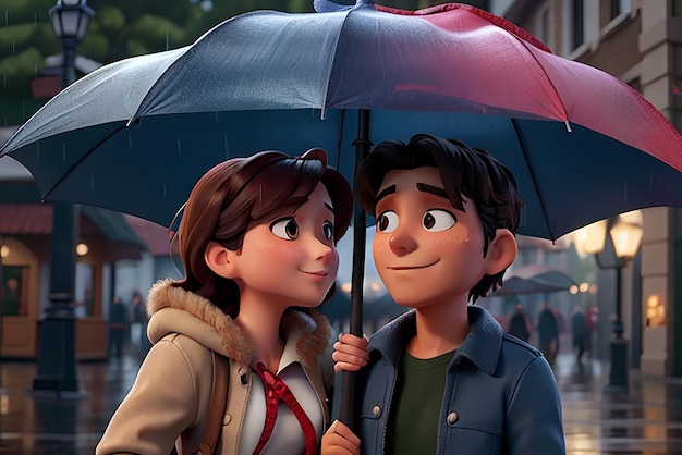 Beatiful homme animé et fille scène romantique jour de pluie