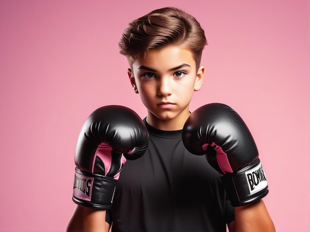 Un beau adolescent portant des gants de boxe noirs regardant la caméra sur un fond rose.