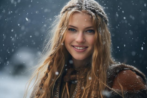 beau, ancien, scandinave, viking, jeune femme, sourire, portrait