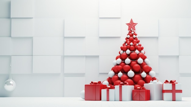 Beau arbre de Noël rouge et blanc avec des cadeaux IA générative