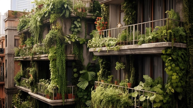 Beau balcon IA génératif entouré d'un jardin de style tropical fleuri de fleurs