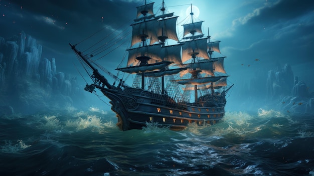beau bateau pirate dans la nuit fond d'écran HD 8K Image photographique