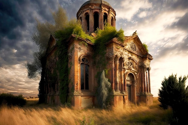 Beau bâtiment avec des colonnes et un dôme majestueux de la vieille église abandonnée est tombé en ruine