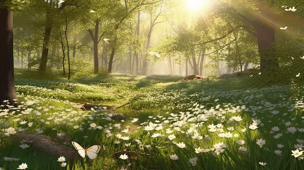 Beau avec beaucoup de clairière de forêt blanc sur fond vert Fond naturel vert