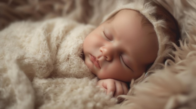 Beau bébé nouveau-né dormant sur un tissu à fourrure