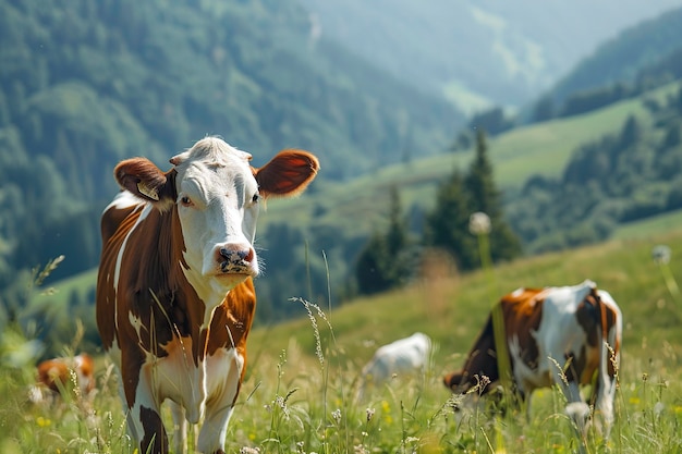 Un beau bétail paît dans une ferme rurale dans la prairie.