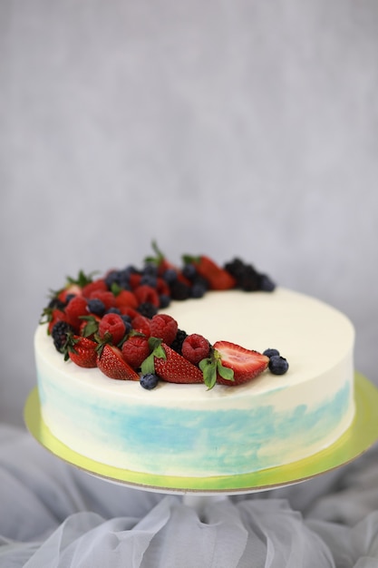 Beau biscuit de gâteau de fête avec différentes crèmes et décoré