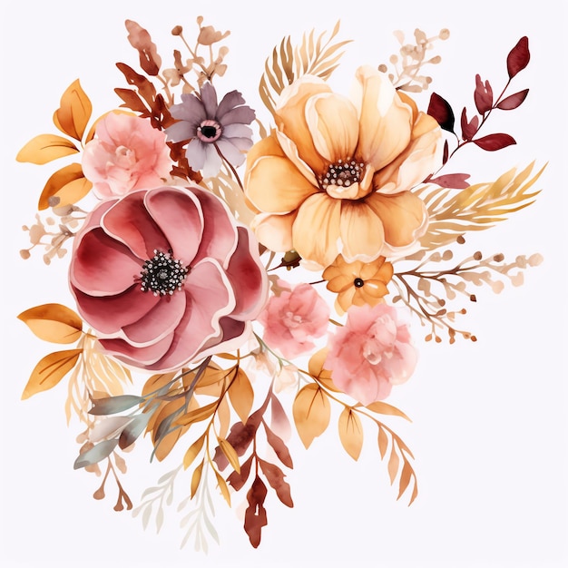Photo beau boho or et fleurs roses bouquet clipart illustration