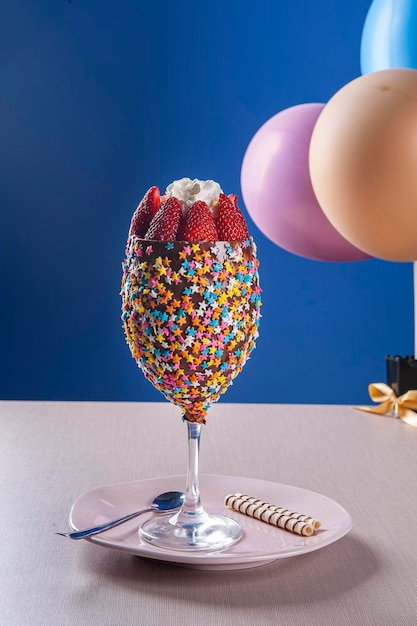 Photo beau bol de crème glacée décoré de fraises et de crème fouettée dans un cadre pour célébrer l'espace de copie d'anniversaire