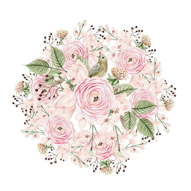 Beau bouquet d'aquarelle avec des fleurs et des bourgeons de printemps roses. Illustration