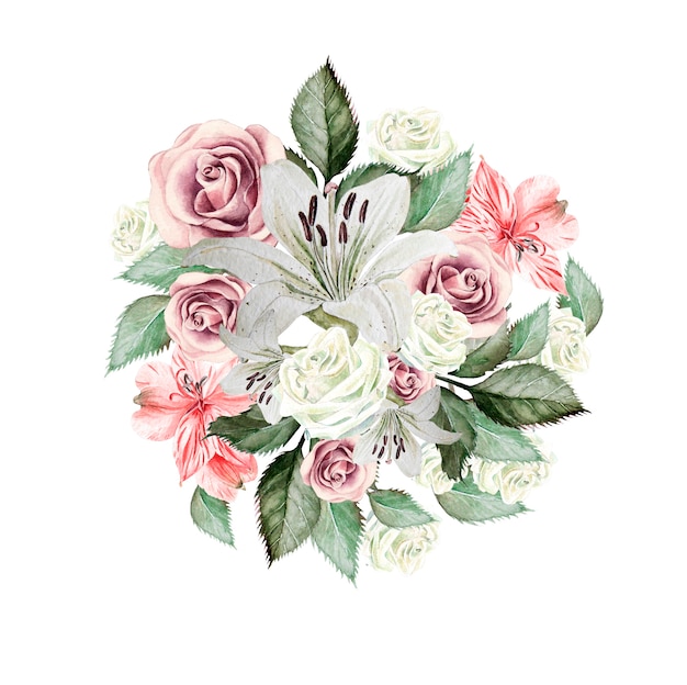 Beau bouquet aquarelle de fleurs roses, lys et alstroemeriya