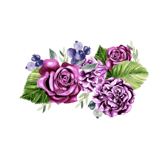 Un beau bouquet aquarelle avec des roses et des fleurs de pivoine eucalyptus et mûres Illustration