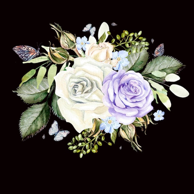 Un beau bouquet d'aquarelle avec des roses et des papillons Illustration