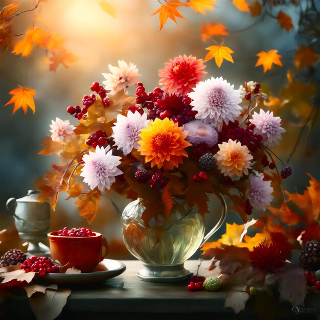 Beau bouquet d'automne dans une cruche de verre une tasse avec des baies sur une table en bois