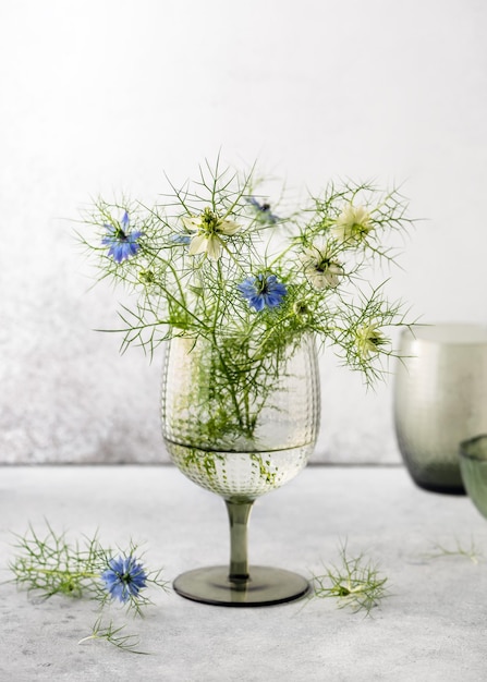 Beau bouquet de bleu et blanc love-in-a-mist ou diable dans la fleur de buisson en verre de vin