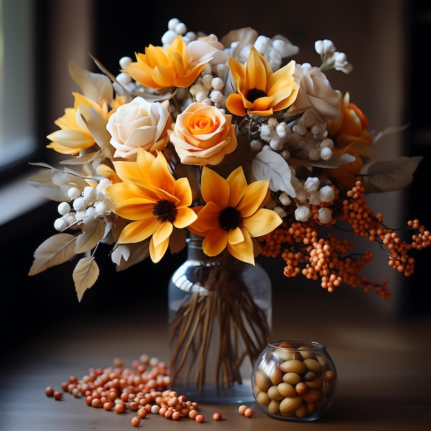 Beau bouquet de feuilles d'automne dans un vase à côté d'un petit espace vide de citrouille à droite