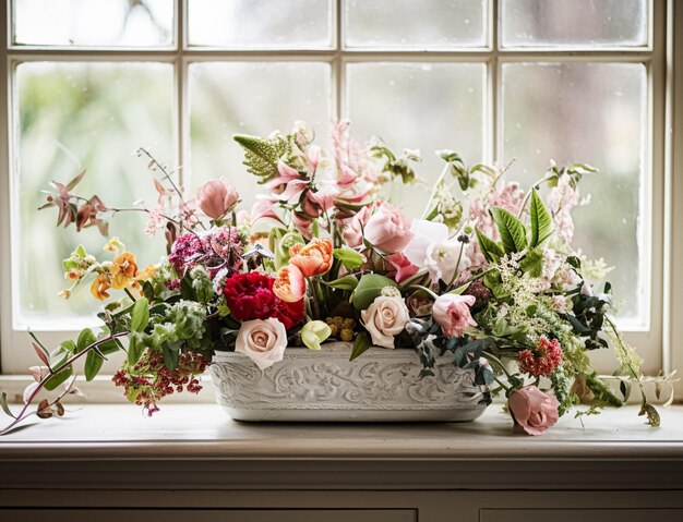 Un beau bouquet de fleurs dans un vase sur le rebord de la fenêtre