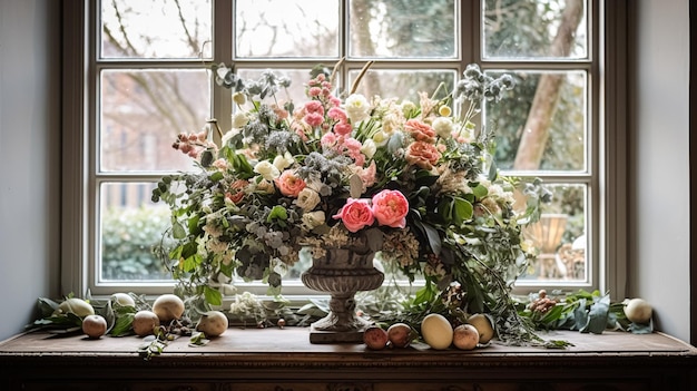 Un beau bouquet de fleurs dans un vase sur le rebord de la fenêtre