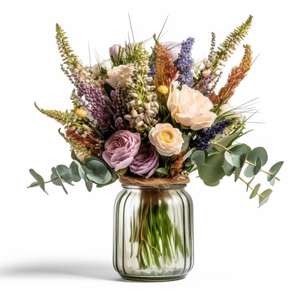 Beau bouquet de fleurs épanouies dans un vase vintage isolé sur fond blanc décor de maison de style campagnard et design d'intérieur générative ai