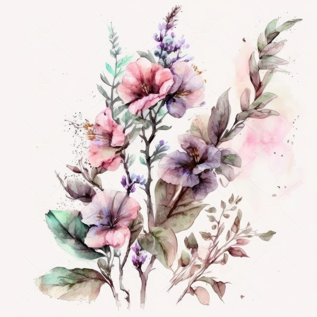 Beau bouquet de fleurs d'été avec aquarelle Illustration AI Generative