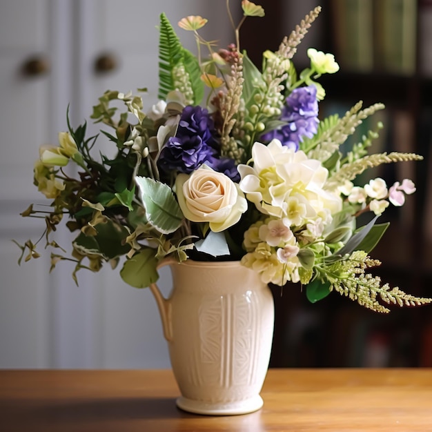 Beau bouquet de fleurs fraîches dans un vase vintage décor de maison de style campagnard et design d'intérieur générative ai