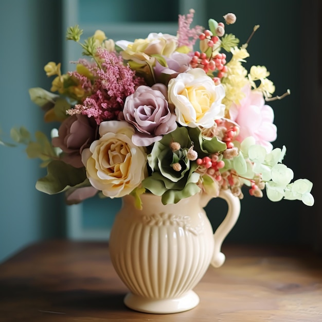 Beau bouquet de fleurs fraîches dans un vase vintage décor de maison de style campagnard et design d'intérieur générative ai