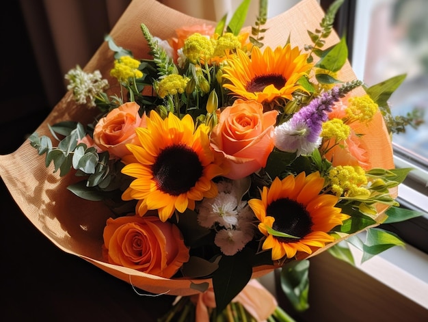 beau bouquet de fleurs mélangées dans un vase sur table en bois le travail du fleuriste Generative AI