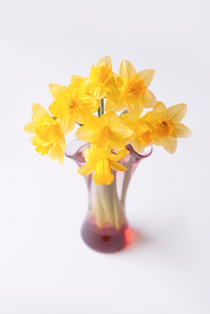 Beau bouquet de fleurs de narcisse jaune printanier dans un vase en verre