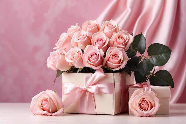 Beau bouquet de fleurs roses roses dans un vase et une boîte cadeau avec un noeud en satin sur une table de fond rose pastel Anniversaire Mariage Fête des Mères Saint Valentin Fête des Femmes Vue de face