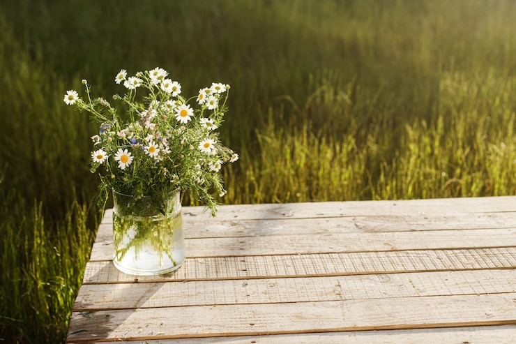 Photo beau bouquet de fleurs sauvages au soleil sur une table en bois rustique sur fond d'herbe belles fleurs d'été dans un vase recueillies à partir d'un arrangement de jardin dans une maison de campagne