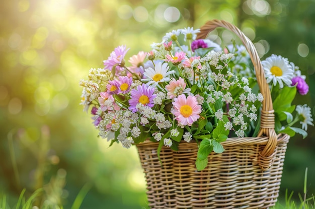 Un beau bouquet de fleurs sauvages brillantes dans un panier en osier