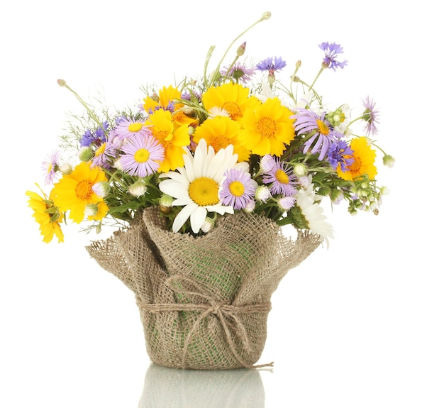 Beau bouquet de fleurs sauvages lumineuses en pot de fleurs, isolé sur blanc