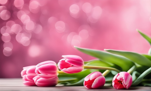Beau bouquet de fleurs de tulipes et fond bokeh carte de vœux pour la Saint-Valentin ou la fête des mères avec de l'espace