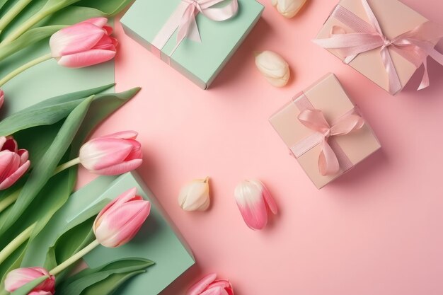 Beau bouquet de fleurs de tulipes printanières avec une boîte-cadeau sur fond rose ai générative