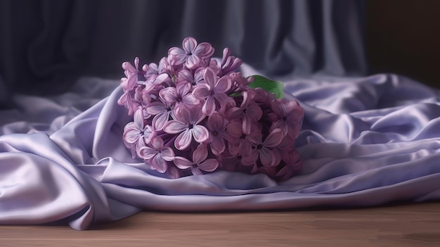 Un beau bouquet de fleurs violettes sur un tissu violet IA générative