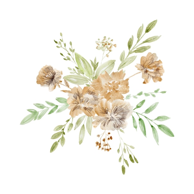 Beau bouquet floral avec pivoines aquarelle et graphiques sépia