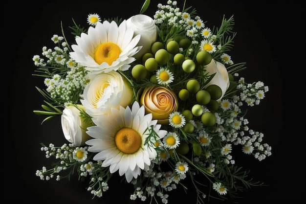 Beau bouquet lumineux de fleurs blanches et jaunes comme des bonbons sur fond vert foncé