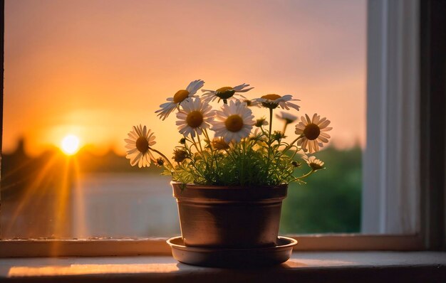 Beau bouquet de marguerites dans un pot sur le rebord de la fenêtre