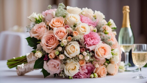 Beau bouquet de mariée verre de champagne